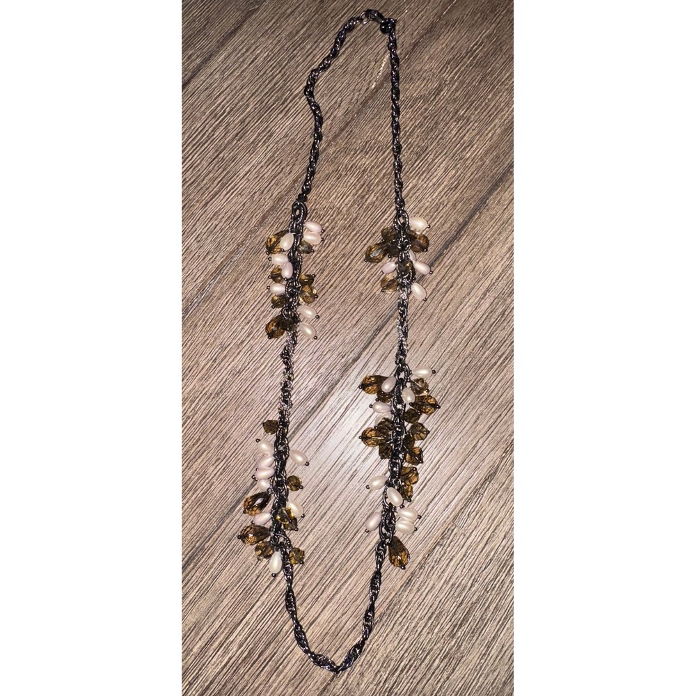 Talbots Necklace Beaded‎ Pearl Amber Crystals Gunmetal Chain Statement